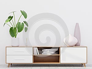 Modern living room interior with a wooden dresser, wall mockup, 3D render