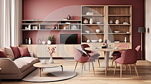 Modern living room interior with wooden furniture, pink walls, and stylish home decor