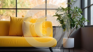 Modern living room interior with yellow sofa and decorative plant near the window. Mock up