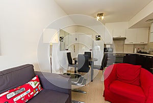 Modern Living Room and Kitchen in Wenge and Red colors