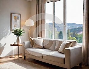 Modern living room with a large and cozy sofa overlooking the garden and There is nobody