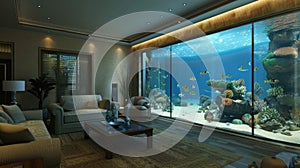 Modern living room with large fish tank aquarium, coral and fish