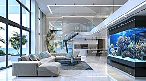 Modern living room with large fish tank aquarium, coral and fish