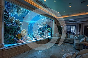 Modern living room with large fish tank aquarium, coral and fish