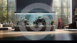 Modern living room with large fish tank aquarium, coral and fish