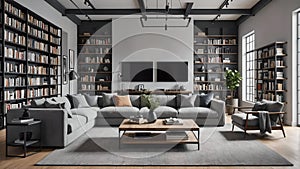 A modern living room with a large gray sofa, wooden coffee table, bookshelves filled with books, and two black screens