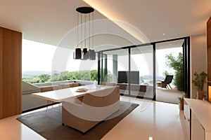 Modern living room with large windows, minimalistic furniture, and a scenic view