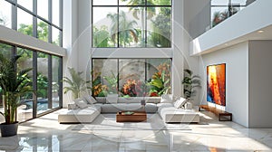 Modern living room with large windows, tropical garden outside, high ceilings and marble flooring photo