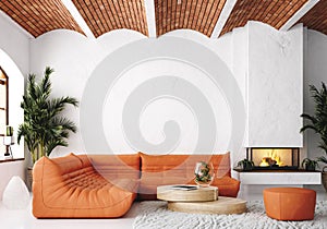 Modern living room loft with orange leather sofa and brick ceiling