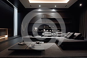 Modern living room, luxury home interior with stylish dark design