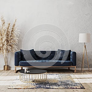 Modern living room luxury interior design mock up with dark blue sofa, decorative rug, floor lamp and stylish decoration, empty