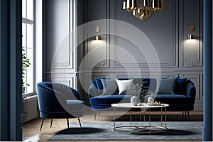 modern living room mock up with dark blue sofa, armchairs near coffee table, modern rug. Generative AI