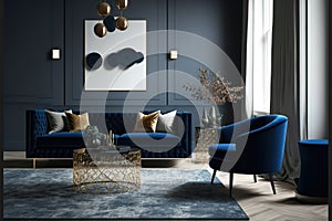 modern living room mock up with dark blue sofa, armchairs near coffee table, modern rug. Generative AI