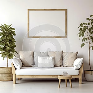 Modern living room mock up with empty wall comfortable beige sofa with pillows and small table.