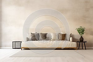 A modern living room mockup with an empty wall and a comfortable beige sofa with pillows. Indoors plants create comfort. 3d