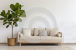 A modern living room mockup with an empty wall and a comfortable beige sofa with pillows. Indoors plants create comfort. 3d
