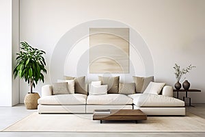 A modern living room mockup with an empty wall and a comfortable beige sofa with pillows. There is an empty frame