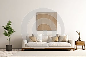 A modern living room mockup with an empty wall and a comfortable beige sofa with pillows. There is an empty frame
