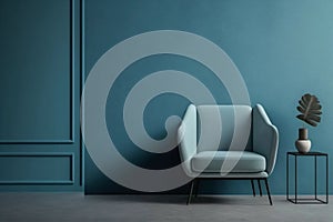 Modern living room with monochrome dusty blue empty wall. Contemporary interior design with trendy wall color and chair.