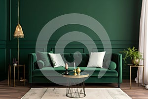 Modern living room with monochrome forest green wall. Contemporary interior design with trendy wall color, sofa for mockups.