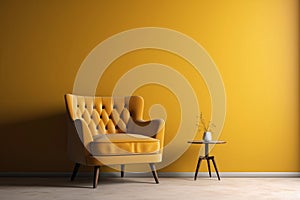 Modern living room with monochrome mustard yellow empty wall for mock up. Contemporary interior design with trendy wall color,