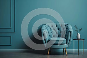 Modern living room with monochrome neutral blue empty wall. Contemporary interior design with trendy wall color and chair.