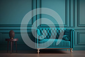 Modern living room with monochrome teal blue empty wall. Contemporary interior design with trendy wall color and sofa. Generative