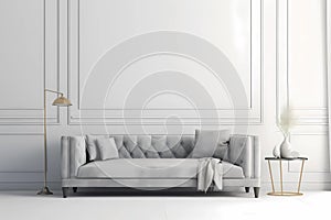 Modern living room with monochrome white wall. Contemporary interior design with trendy wall color, grey sofa for mockups.