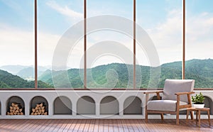 Modern living room with mountain view 3d rendering image