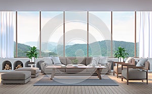 Modern living room with mountain view 3d rendering image.