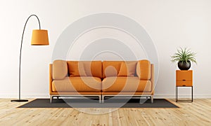 Modern living room with orange couch