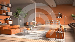 Modern living room in orange tones, hall, open space with parquet oak floor with steps, sofa, carpet and coffee tables, dining