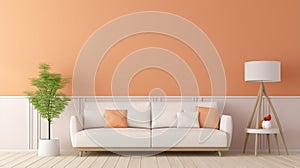 modern living room with pastel orange wall, leather sofa and table furniture interior. generative ai