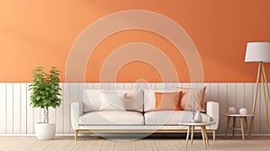 modern living room with pastel orange wall, leather sofa and table furniture interior. generative ai