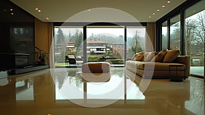 Modern living room with patio view