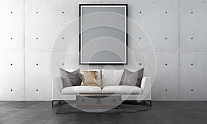The modern living room and picture frame on empty concrete wall texture background interior design / 3D rendering
