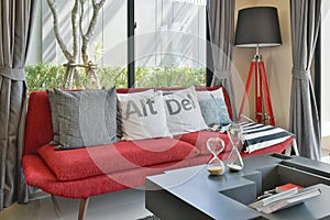 Modern living room with pillows on the red sofa and decorative lamp