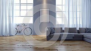 Modern living room with pink Bicycle leaning against the wall