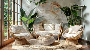 Modern Living Room with Rattan Furniture and Abundant Indoor Plants by Sunlit Window Biophilic Design