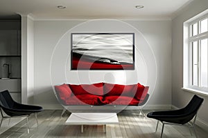 Modern Living Room With Red Couch and Black Chairs. Generative AI