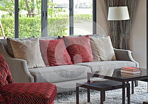 Modern living room with red pillows on sofa and dacorativ