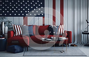 modern living room with red sofa and american flag on the wall behind 4th july