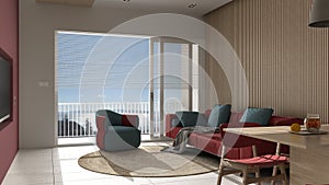 Modern living room in red tones and wooden details, panoramic window on sea panorama, sofa and armchair with round carpet, dining