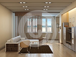 Modern Living Room with Sea View, with Beige Walls, Brown Carpet, Glass Table, Leather Armchair, ÃÂ¡hair and Wooden Lattice