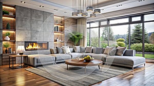 Modern Living Room Sectional Sofa, Fireplace, and Natural View