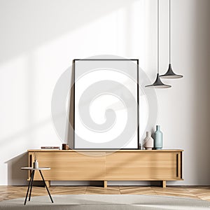 Modern living room sideboard with standing canvas next to white wall