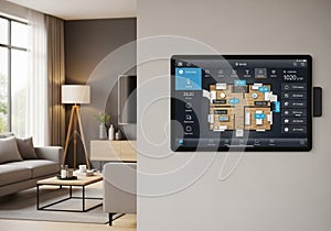 Modern living room with a smart home control panel mounted on