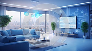 A modern living room with smart home devices like voice-controlled assistants, smart lighting, and connected appliances
