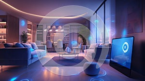 A modern living room with smart home devices like voice-controlled assistants, smart lighting, and connected appliances