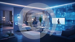 A modern living room with smart home devices like voice-controlled assistants, smart lighting, and connected appliances